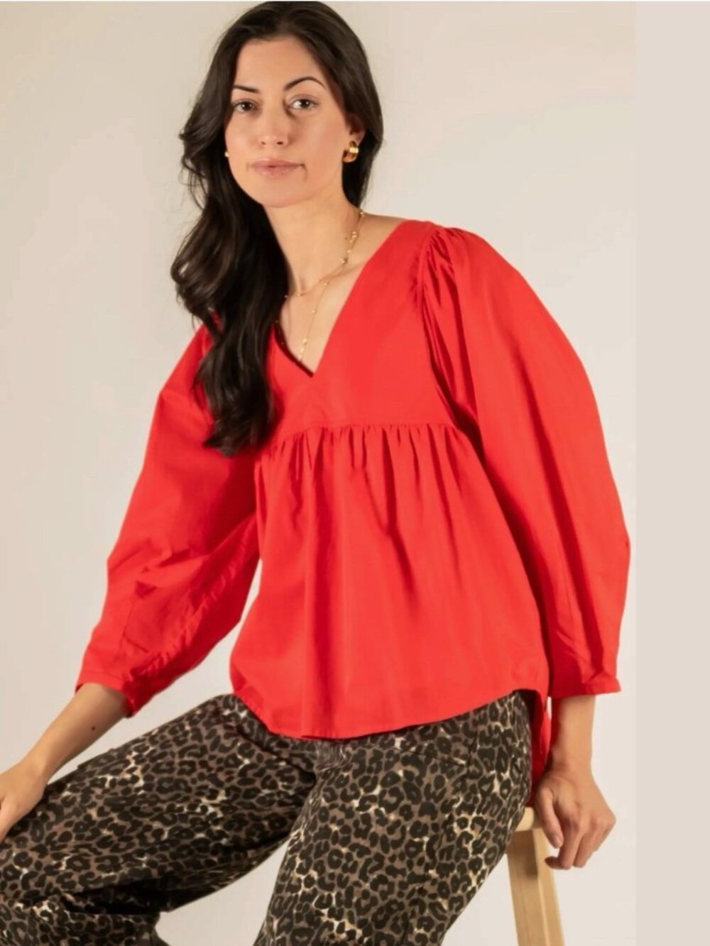 Before You Collection Blouse Red 100%Cotton V-Neck Sz XS S M L Relax Loose Fit